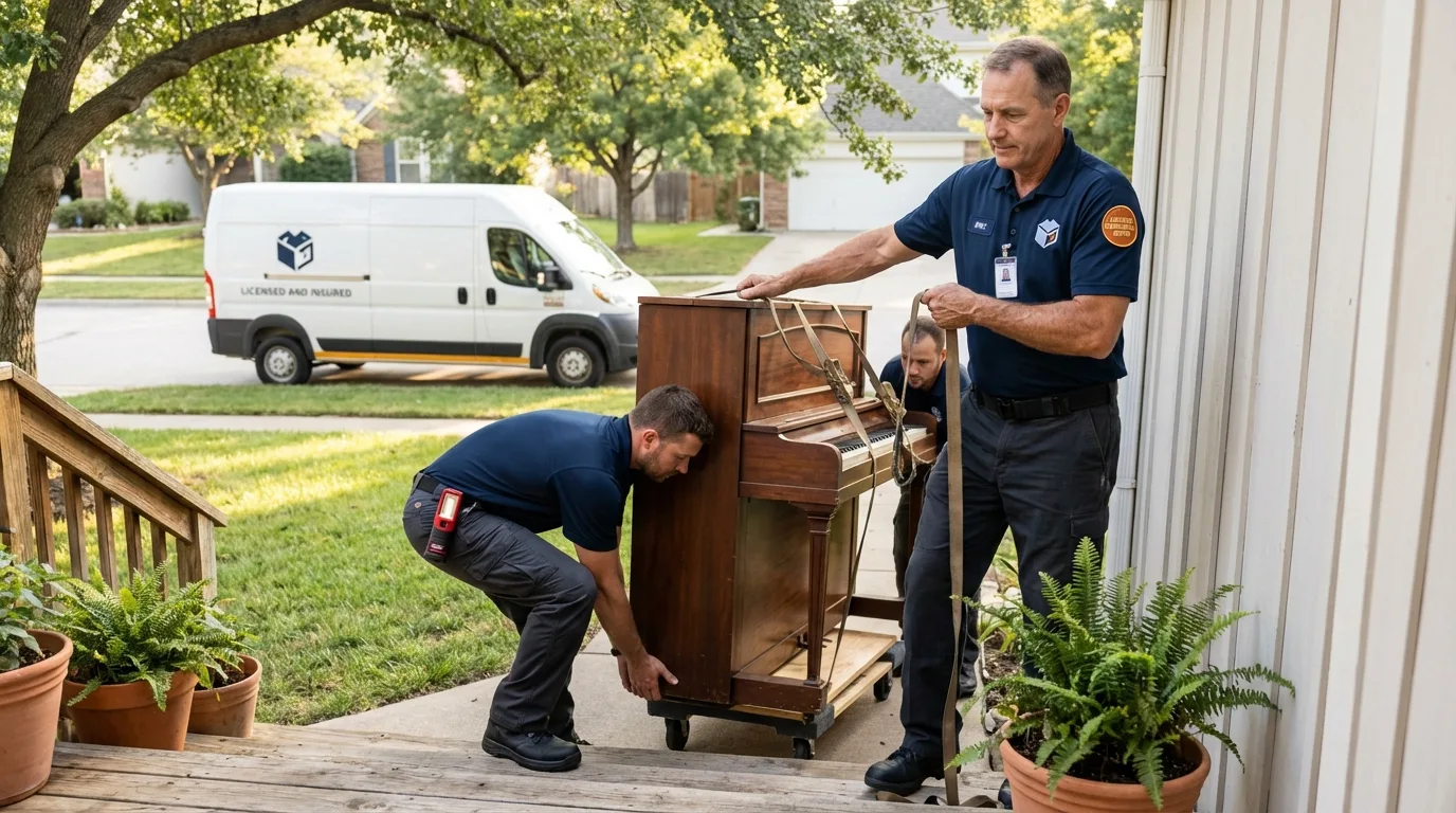 Licensed piano movers securing grand piano in Bloomfield, MO