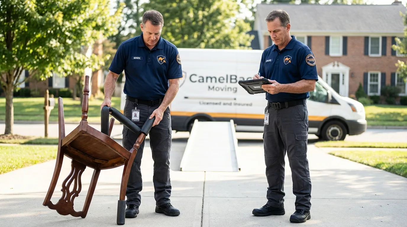 Movers inspecting furniture for damage prevention before loading in Bloomfield, MO